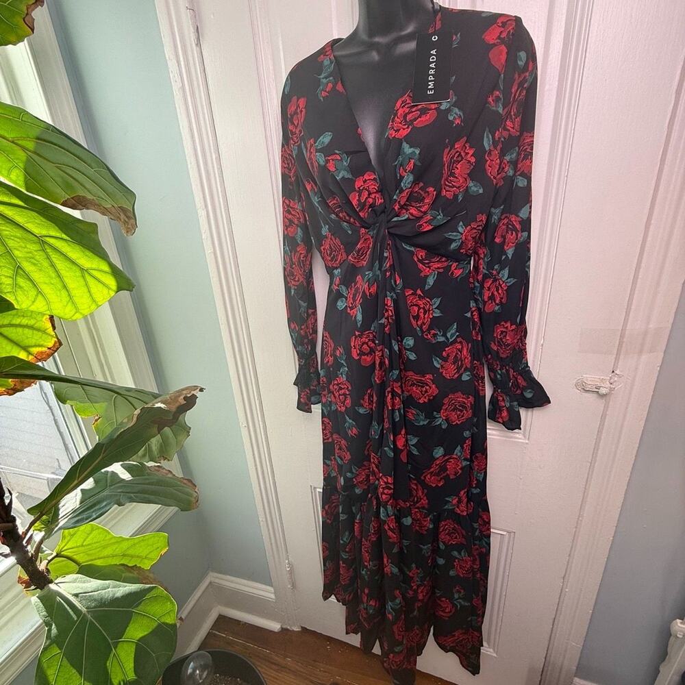 EMPRADA Black Red Roses High-Low Party Dress Womens Small Long Sleeve NWT
